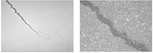 螺母淬火裂紋未腐蝕， 螺母淬火裂紋局部放大 500&times;